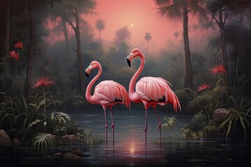 A group of flamingos standing in shallow water - obrazy, fototapety, plakaty