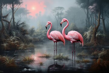 A group of flamingos standing in shallow water - obrazy, fototapety, plakaty