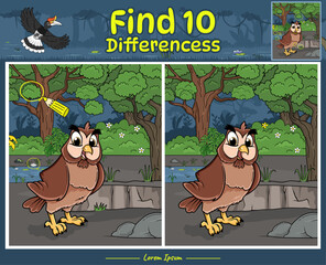 Find Differences game for kids with owl cartoon jungle night