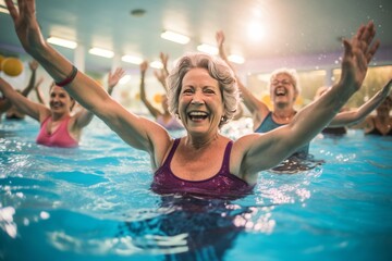 mature female adults with silver hair doing sports indoors in the swimming pool. middle-aged cheerful women having fun at water aerobics class. Athletic training and bodies in old age. - obrazy, fototapety, plakaty
