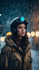 woman, winter, snow, beauty, hat, fashion, face, person, cold, people, christmas, smile, smiling, A beautiful brunette pilot girl.