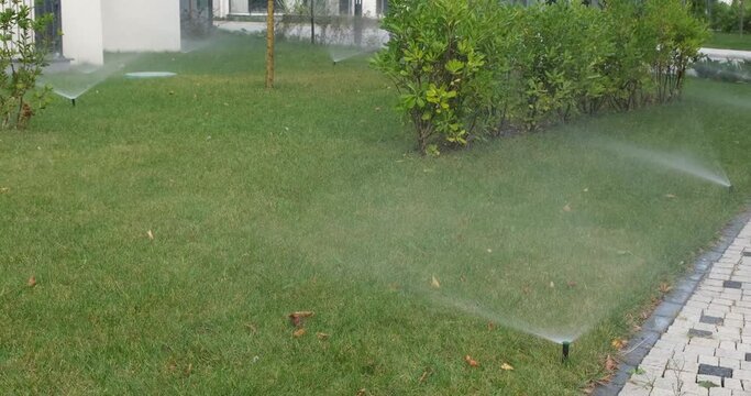 Automatic Sprinkler Watering Lush Green Grass in a Sprawling Field