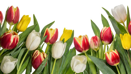 Obraz premium Red, yellow and white tulips isolated on transparent background. AI generated.