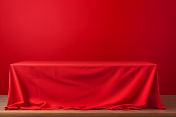 Empty wooden podium with tablecloth for product display over red background.
