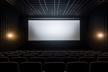 cinema auditorium with empty white screen.