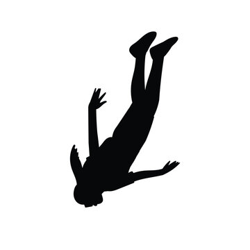 Parachuting girl falling with an uninflated parachute vector black silhouette of skydiver woman, extreme activity