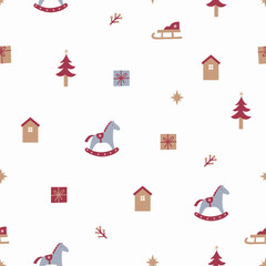 Minimalist Scandi Christmas Print. Happy Holidays. Seamless pattern with Winter Decor elements