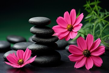 Black spa stones and pink cosmos flower isolated on green