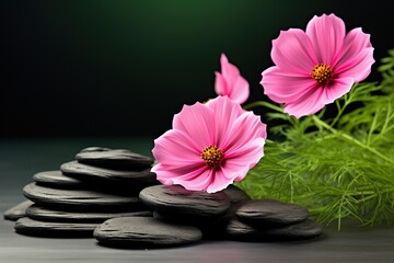 Fototapeta na wymiar Black spa stones and pink cosmos flower isolated on green