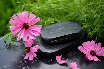 Obraz na płótnie Canvas Black spa stones and pink cosmos flower isolated on green