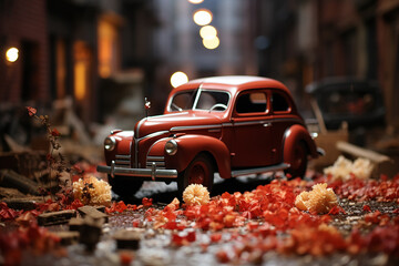 vintage red mini car on street with flower defocused night bokeh background wallpaper 