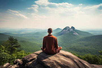 A meditating person sitting on the top of the mountain - obrazy, fototapety, plakaty