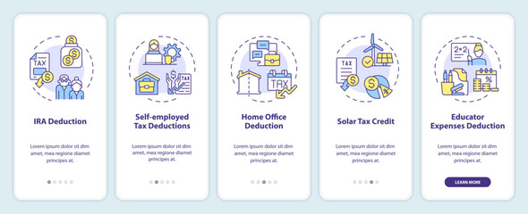 Tax deductions onboarding mobile app screen. Tax credits walkthrough 5 steps editable graphic instructions with linear concepts. UI, UX, GUI template. Myriad Pro-Bold, Regular fonts used