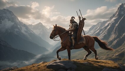 a warrior on a horse in the mountains