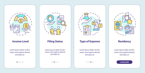 Fototapeta na wymiar Criteria for taxpayers onboarding mobile app screen. Fiscal policy walkthrough 4 steps editable graphic instructions with linear concepts. UI, UX, GUI template. Myriad Pro-Bold, Regular fonts used