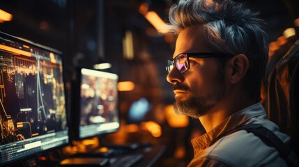 Fototapeta premium Male engineer standing near big computer screen