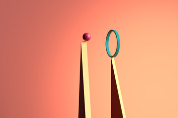 Balance, choice, decision and achievement. A sphere and a circle balancing on top of triangular geometric shapes.