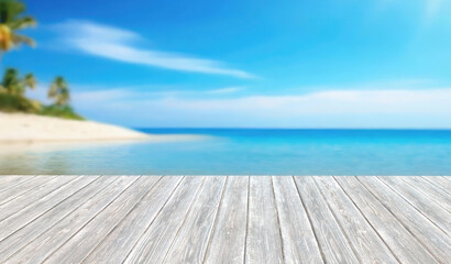 Obraz premium Wooden platform on blurred beach background. Mock up for product display.