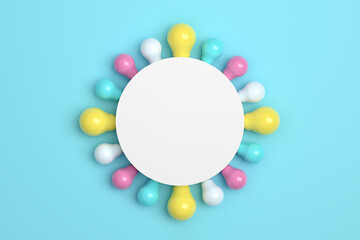 Creative layout with colorful light bulbs on blue background with a round white cylinder with copy space.