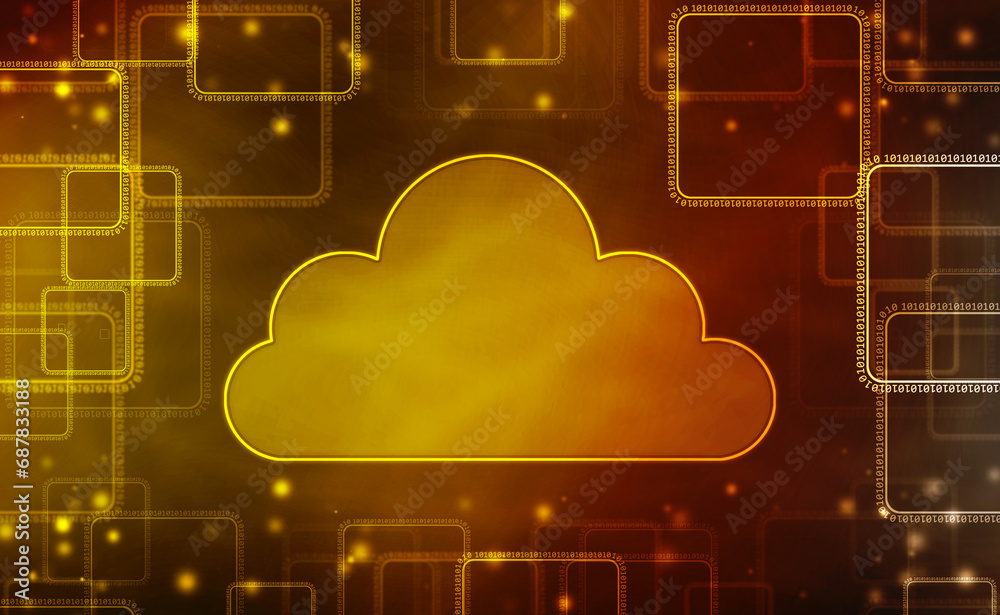 Poster 2d illustration of cloud computing, digital cloud computing concept background. cyber technology, in