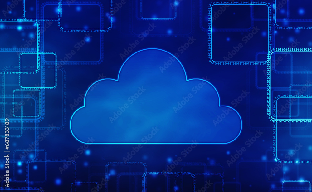 Poster 2d illustration of cloud computing, digital cloud computing concept background. cyber technology, in
