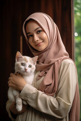 Happy young female Malay holding her cat