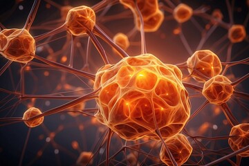 Abstract geometric background. DNA with hexagons. Structure of human brain cells, DNA neurons glowing light blue and yellow colors. Medicine, technology, communication concept.