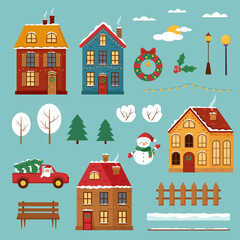 Set of winter Christmas houses with elements isolated on blue.	
