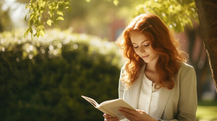 Redhead ginger caucasian businesswoman enjoying a leisurely weekend afternoon at a local park reading a book, the woman embraces moments of relaxation and connection with nature - obrazy, fototapety, plakaty