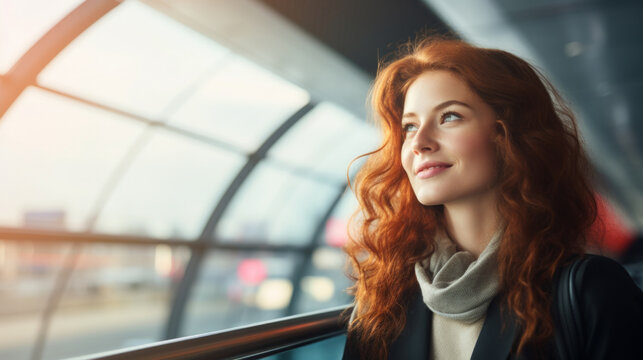Redhead ginger caucasian businesswoman on business trip in a transportation hub such as an airport showcasing resilience and adaptability, the woman dedication to her professional responsibilities
