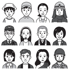 顔　色々な職業　02　白黒
