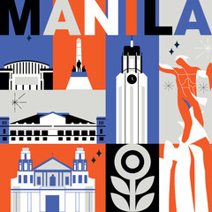 Typography word Manila branding technology concept. Collection of flat vector web icons. Asian culture travel set, architectures, specialties detailed silhouette. Doodle Philippines famous landmarks.