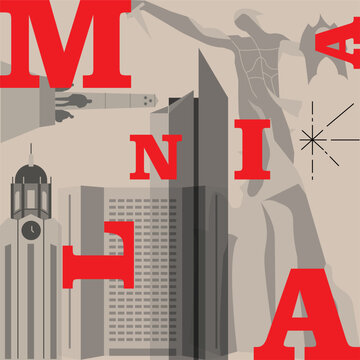 Typography word Manila branding technology concept. Collection of flat vector web icons. Asian culture travel set, architectures, specialties detailed silhouette. Doodle Philippines famous landmarks.