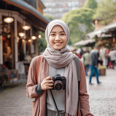 Happy young female Malay traveling japan holding a camera