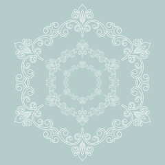 Oriental ornament with arabesques and floral elements. Traditional classic round light blue and white ornament. Vintage pattern with arabesques