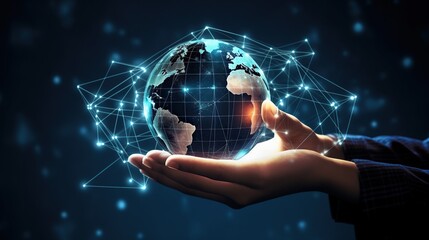 Metaverse Technology.Hand holding earth globe, Global network connection, science, innovation and communication technology. data exchange on connection technology - obrazy, fototapety, plakaty