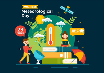 World Meteorological Day Vector Illustration on 23 March with Earth Map, Meteorology Science and Researching Weather in Flat Cartoon Background - obrazy, fototapety, plakaty