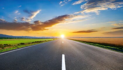 Sunset Symmetry: Empty Asphalt Road in the Rural Landscape
