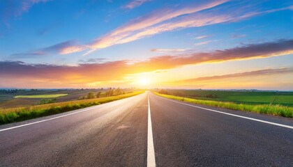Fototapeta premium Highway Horizons: Sunset Glory on a Tranquil Road