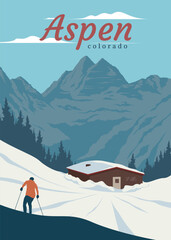 aspen colorado travel poster vintage design, aspen winter landscape illustration design - obrazy, fototapety, plakaty