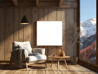 Scandinavian living room with mountain view and stylish armchair. Generative AI