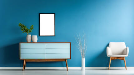 Modern Stylish room with teal accent furniture and blank poster frame. Interior design. Generative AI