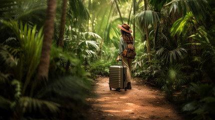 Solo traveler with suitcase amidst jungle greenery. Sustainable travel concept. Generative AI