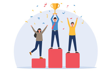 People standing on the podium ranked first three places, Employee recognition and competition award winners business style design vector illustration.