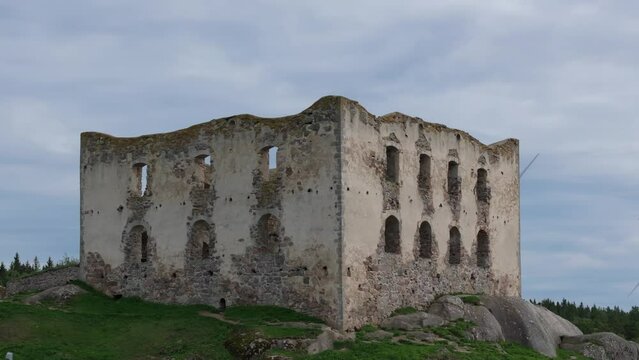 Famous Landmark With Medieval Castle Brahehus Near Vattern, Sweden. Aerial Close Up 