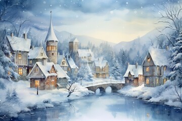 Winter village watercolor painting illustration made by generative ai