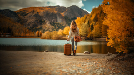 Woman with suitcase on autumn lakeshore, mountains in distance. Travel concept. Generative AI