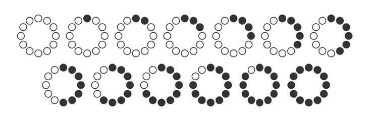 Circle dotted loading icon. Throbber icon. Progress round loader. Dotted progress time design element. Web download time symbol. Animation frames. Vector illustration isolated on the white background.