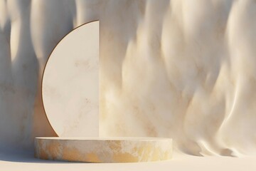 白と金色のマーブルのでこぼこ背景に半月の装飾がある丸い展示台がある抽象バナー