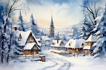 Fototapeta premium Winter village watercolor painting illustration made by generative ai
